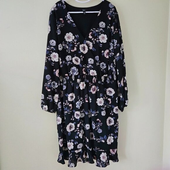 Aqua Curve Dress 2X Floral Smoked Waist LS Midi Ruffle Hem Lined V Neck USA Made - Picture 1 of 16